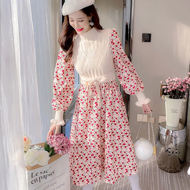 2022 Spring Slim printing Dress Women Sweet Knitting patchwork corduroy Floral Dresses Korean Half high collar Base Dress alx