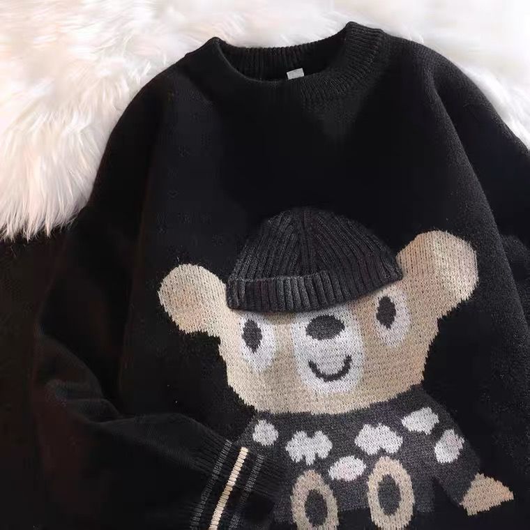 Cute And Funny Bear Crew Neck Sweater American Style Retro Knitted Sweater Couple Street Casual Long Sleeve Loose Pullover alx