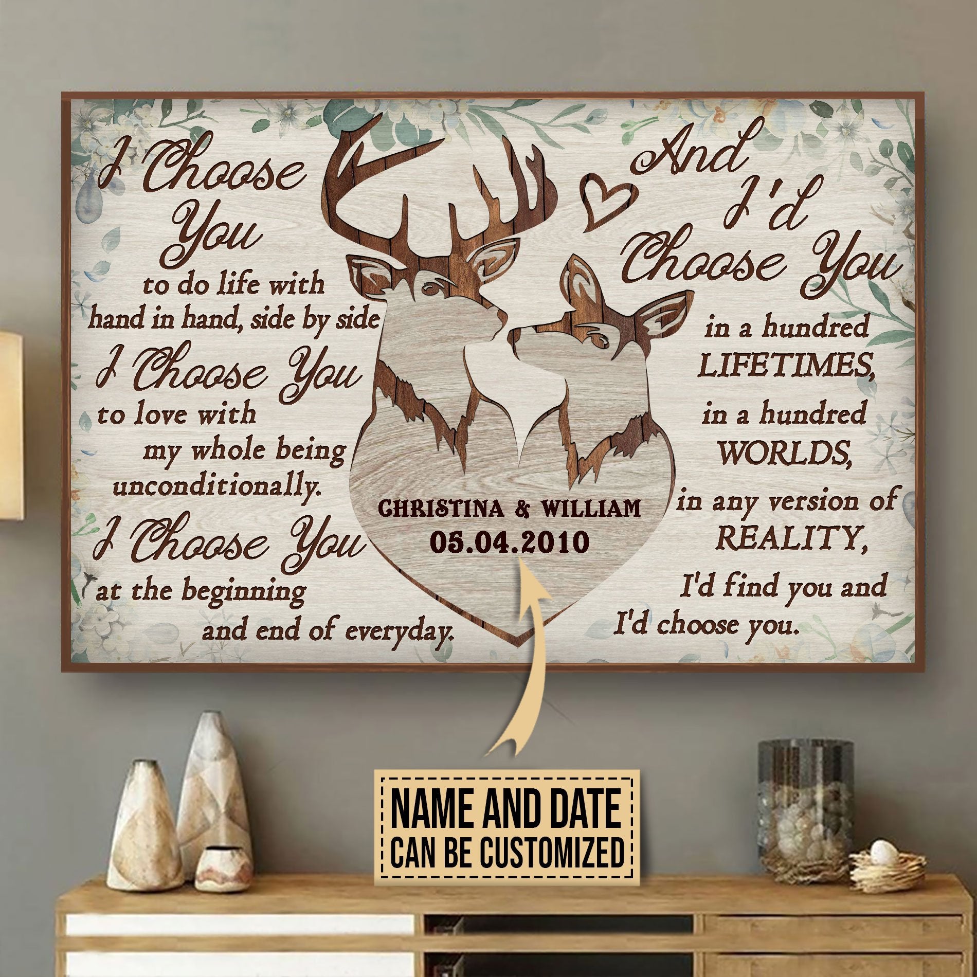 Aeticon Gifts Personalized Deer Heart I Choose You Canvas Mom Dad Gift Home Decor