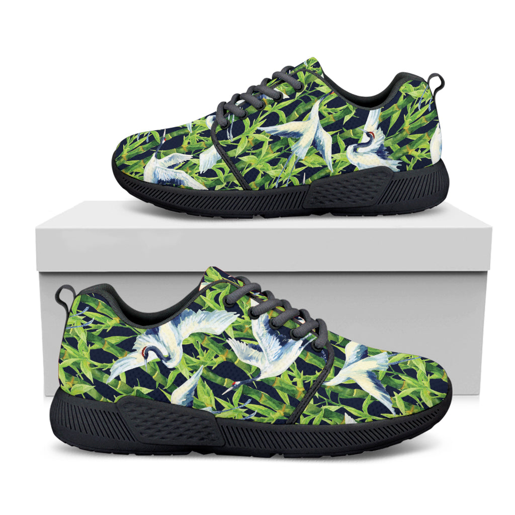 Watercolor Crane Bird Pattern Print Black Athletic Shoes