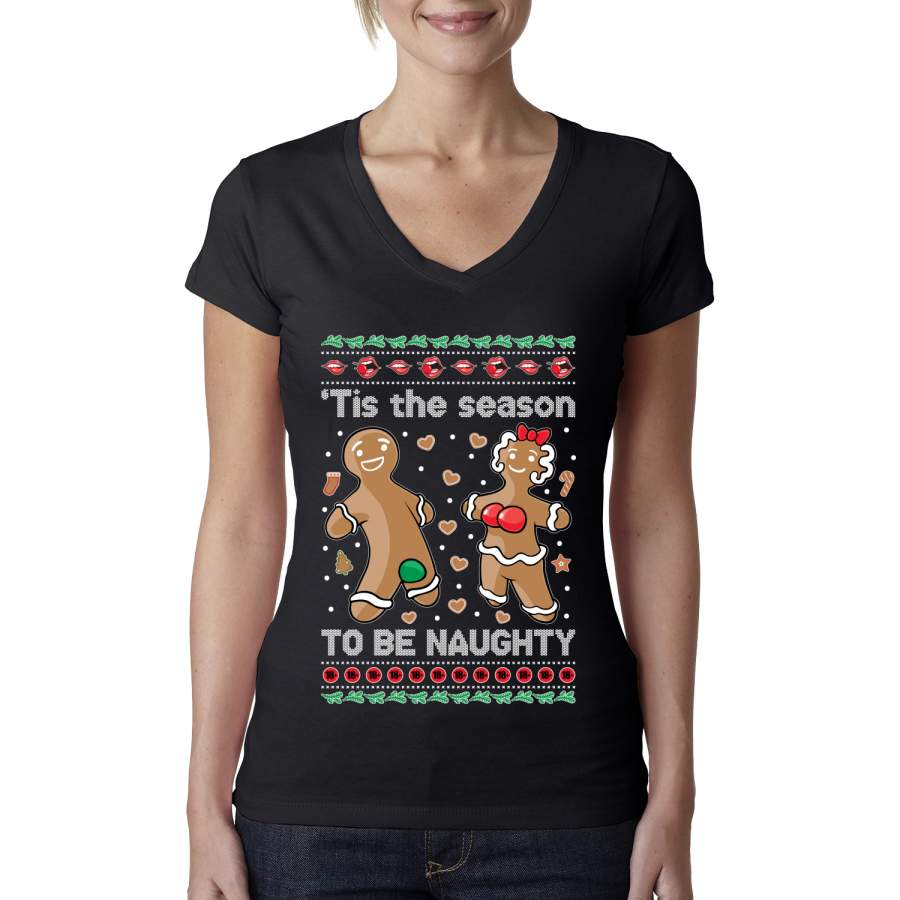 Tis Season to get Naughty Xmas Ugly Christmas Sweater Christmas Womens Junior Fit V-Neck Tee