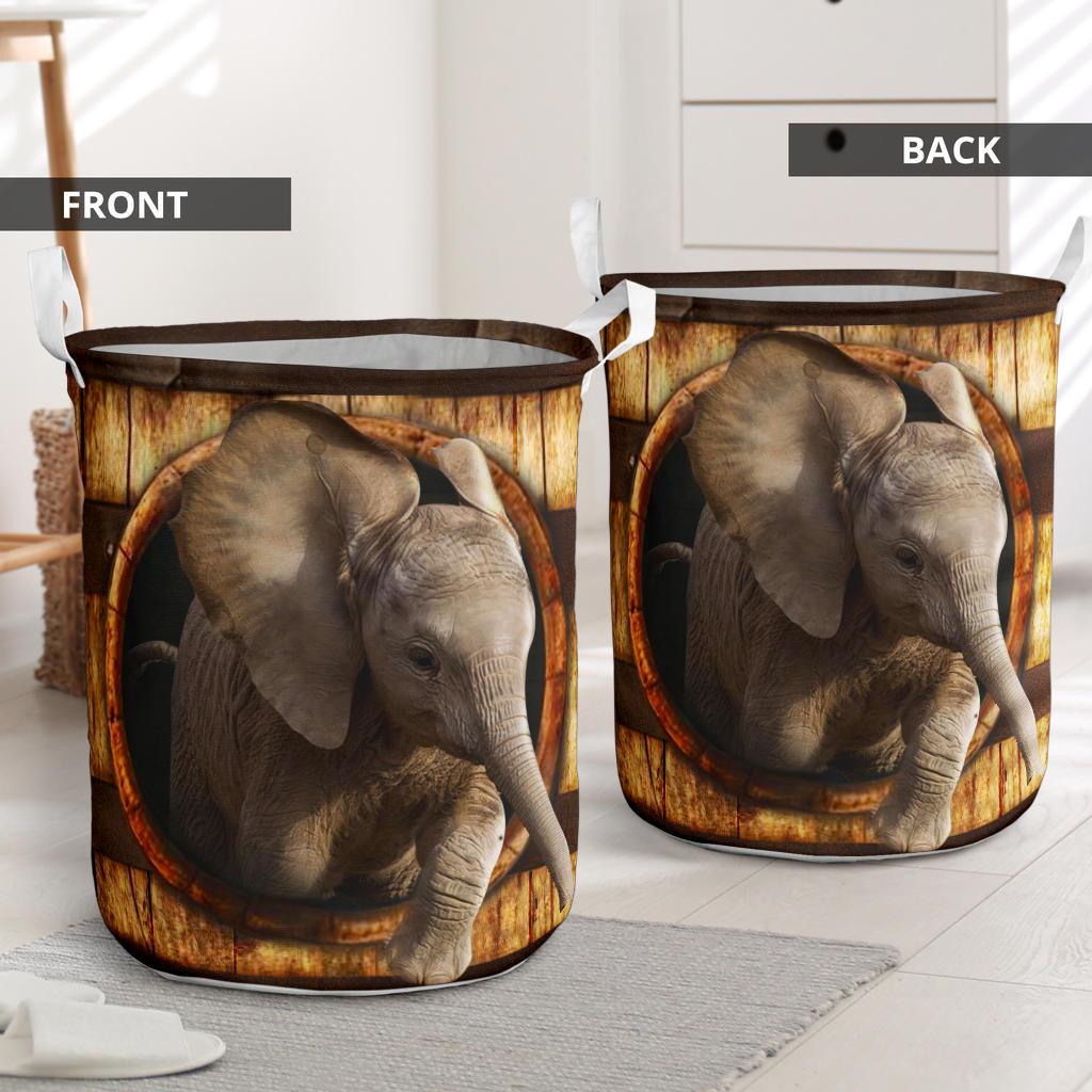 Elephant Wood Pattern 3D Basket All Print Over Toys Clothes Storage Decorative Modern Basket Dirty Clothes Basket