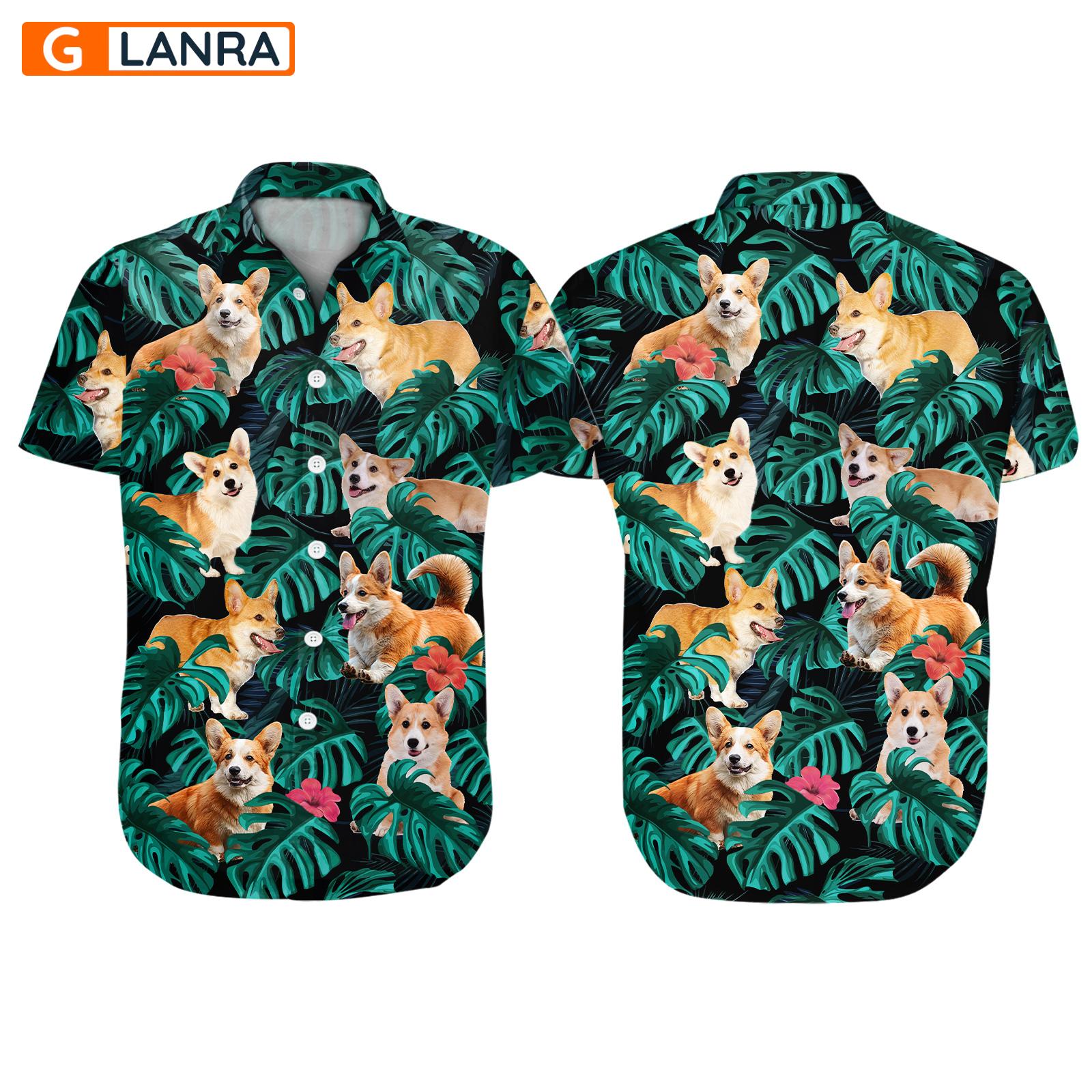 Corgi Palm Leaves Flower Button Shirt, Corgi Dog Button Shirt, Summer Corgi Dog Hawaiian Shirt, Dog Leaf Hawaiian Shirt, Summer Tropical Shirt