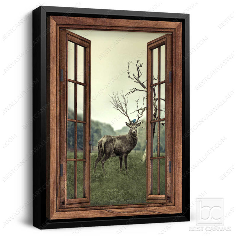 Animal Canvas Wall Art Beautiful Deer Through Rustic Window Wrapped Or Framed Canvas Wall Art