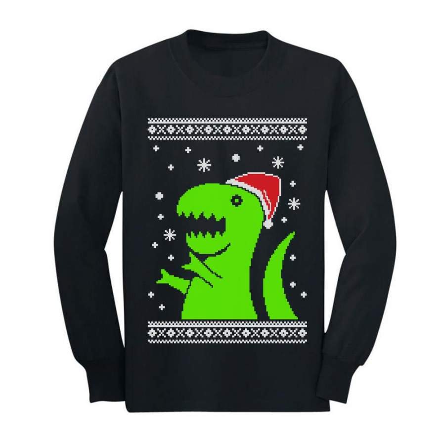 Big Green Trex Santa Ugly Christmas Sweater – Funny Youth Kids Long Sleeve T-Shirt