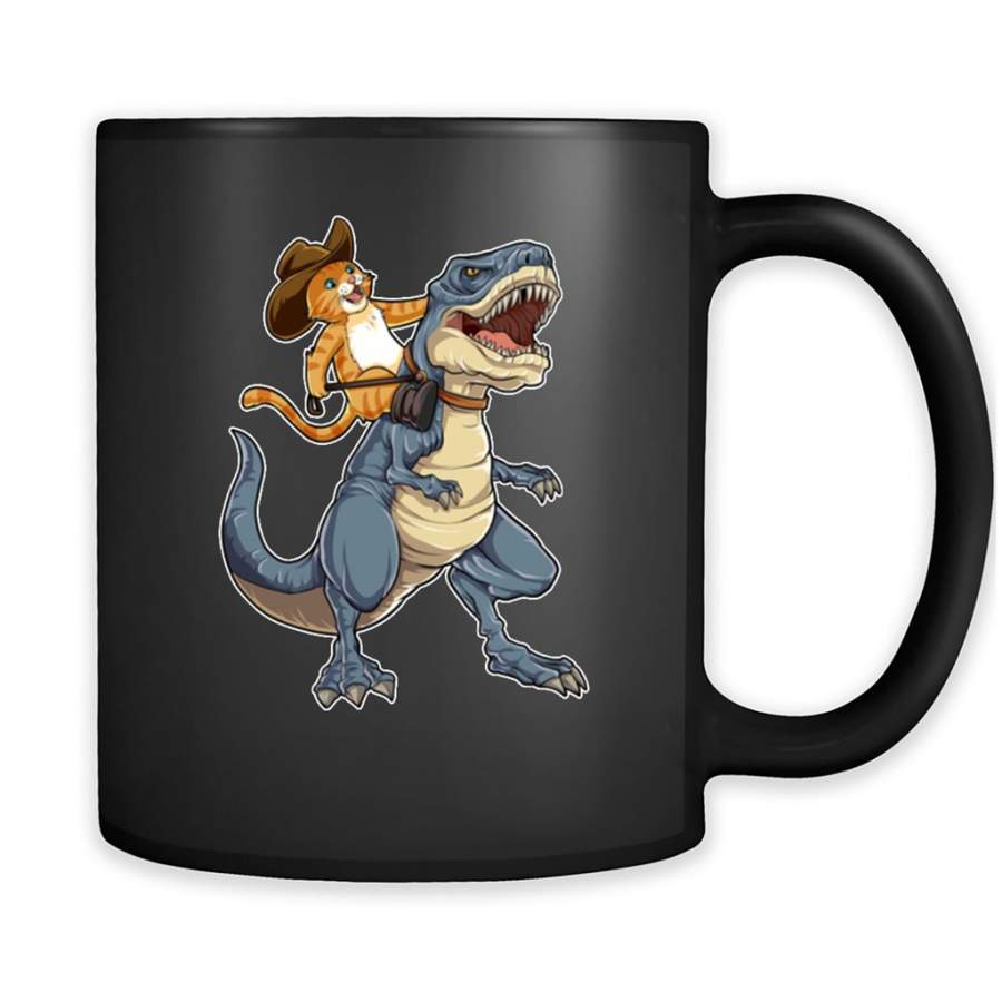 Cat Cowboy Riding T-rex Dinosaur, Funny Purrassic Kitty Kitten Dino Gifts – Full-Wrap Coffee Black Mug