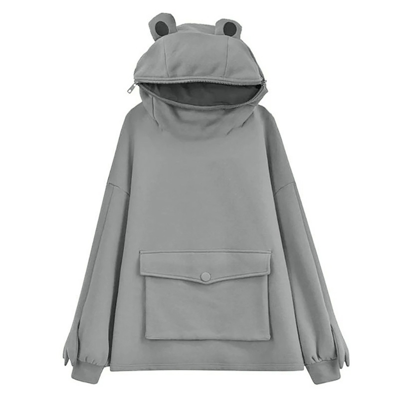 Women Cute Frog Eyes Hoodies Solid Color Long Sleeve Oversized Baggy Sweatshirt Harajuku Large Pocket Pullover Tunic Top alx