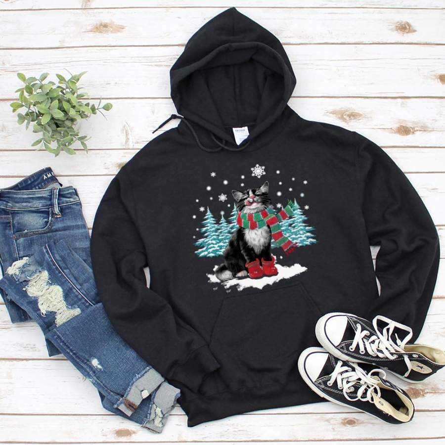 Tuxedo cat meowy christmas snow winter xmas tree cut cat black hoodie for men and women S-5XL