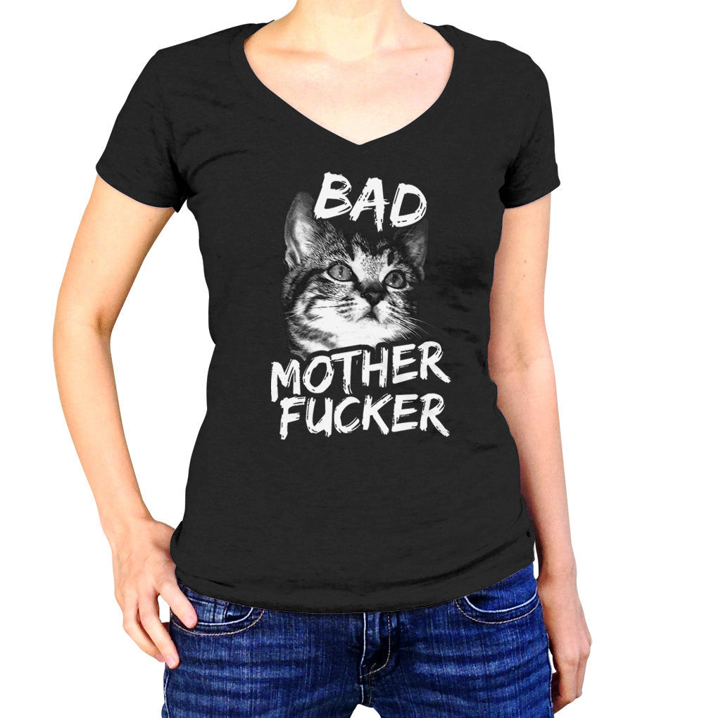 Women’S Bad Motherfucker Vneck T-Shirt – Funny Kitten Shirt