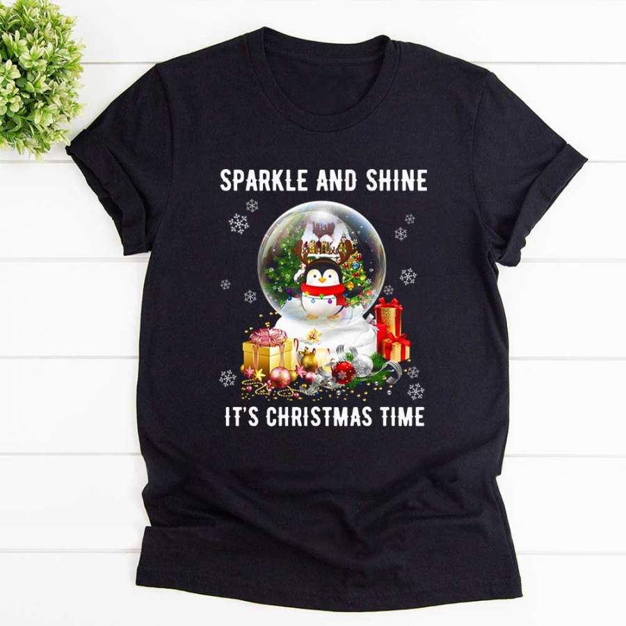 Penguins sparkle and shine it’s christmas merry chrismas xmas gift snow winter black cotton t shirt for men and women S-6XL