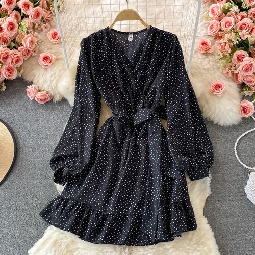 2021 New Spring Autumn French V-Neck long sleeve Dress Ruffles high waist lace up polka dot print mid-long A-line Dress alx