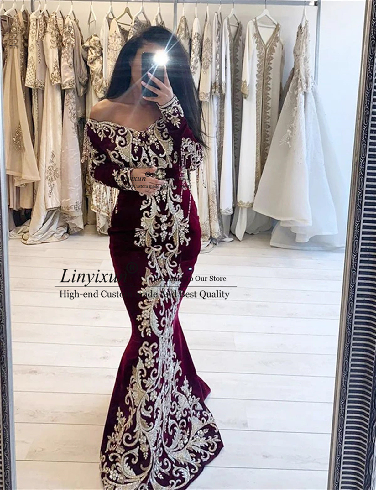 Burgundy Mermaid Caftan Evening Dresses Long Sleeves Lace Embroidery Volour Long Formal Prom Gowns Arabic Muslim Robe De Soiree alx