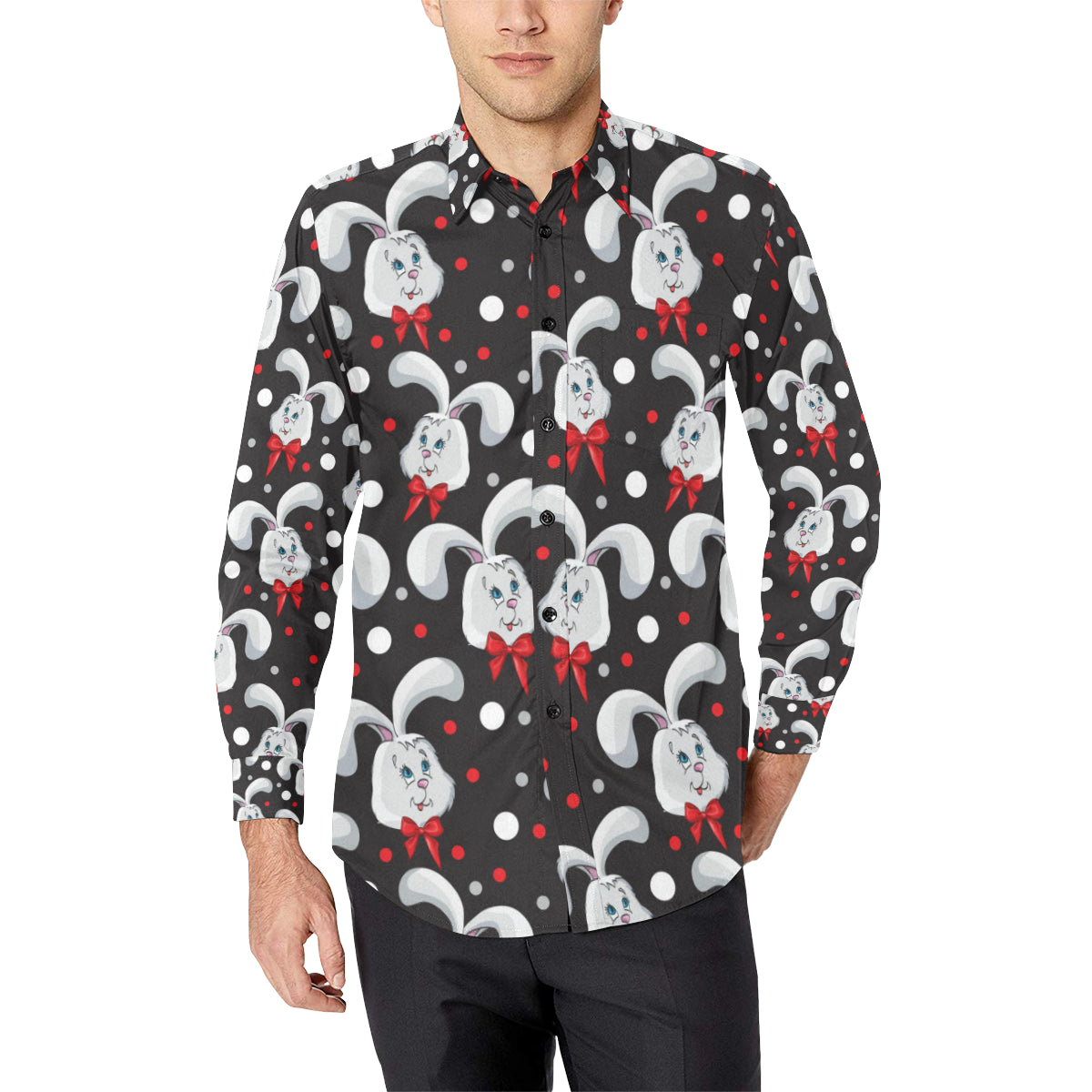 Rabbit Pattern Print Design Rb012 Long Sleeve Dress Shirt