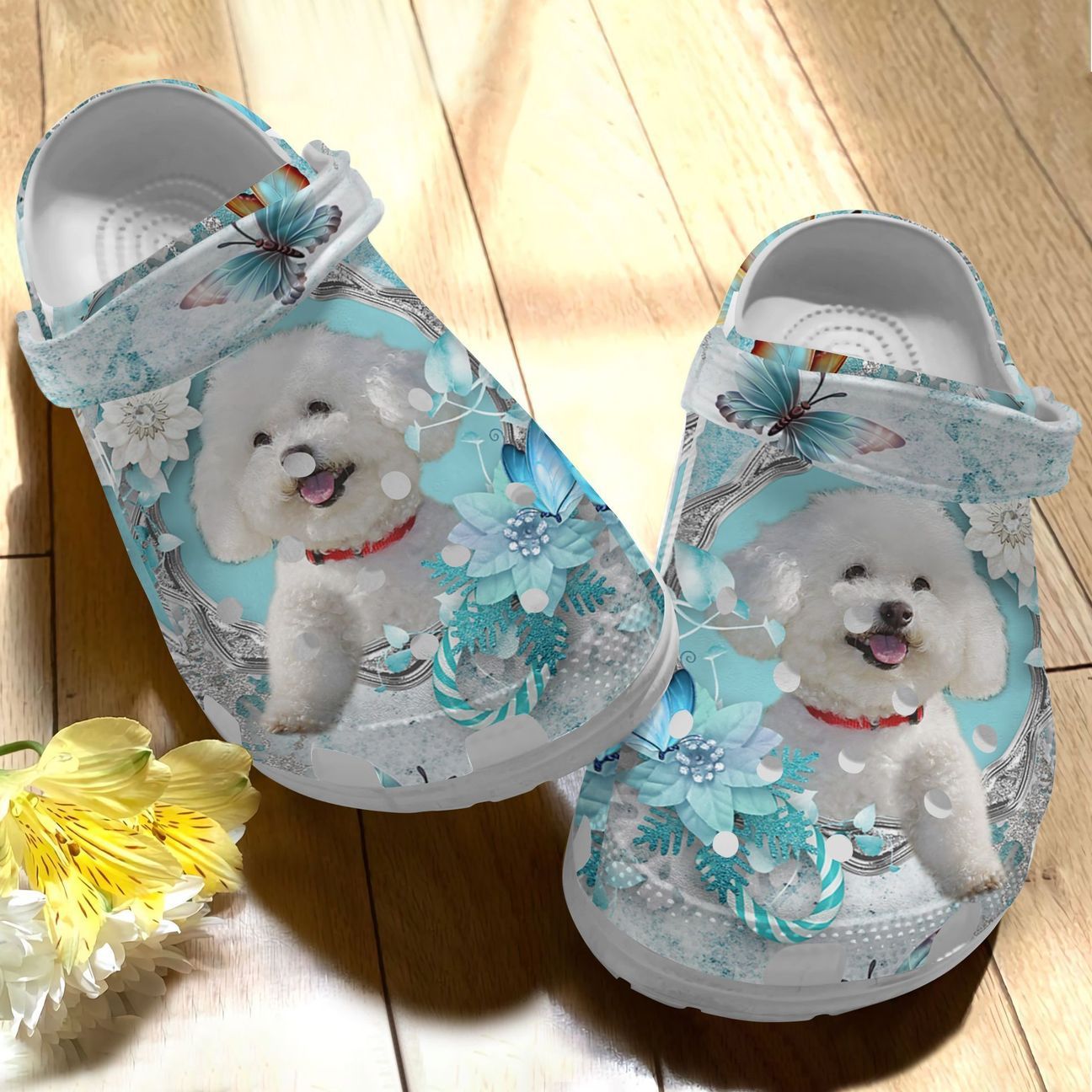 Bichon Personalized Clog, Custom Name, Text Bichon Blue Butterfly, Fashion Style For Women, Men, Kid, Print 3D