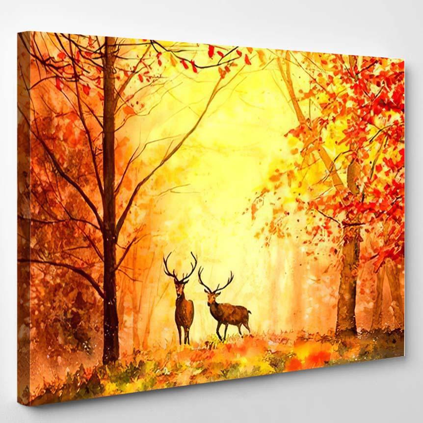 Watercolor Painting Deer Autumn Forest – Deer Animals Canvas Print