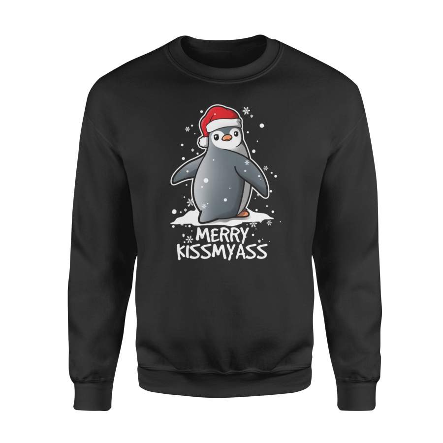 Funny Christmas Shirts Penguin Merry Kissmyass Fleece Sweatshirt