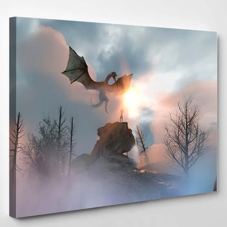 3D Illustration Knight Fighting Dragon Versus – Dragon Animals Canvas Print