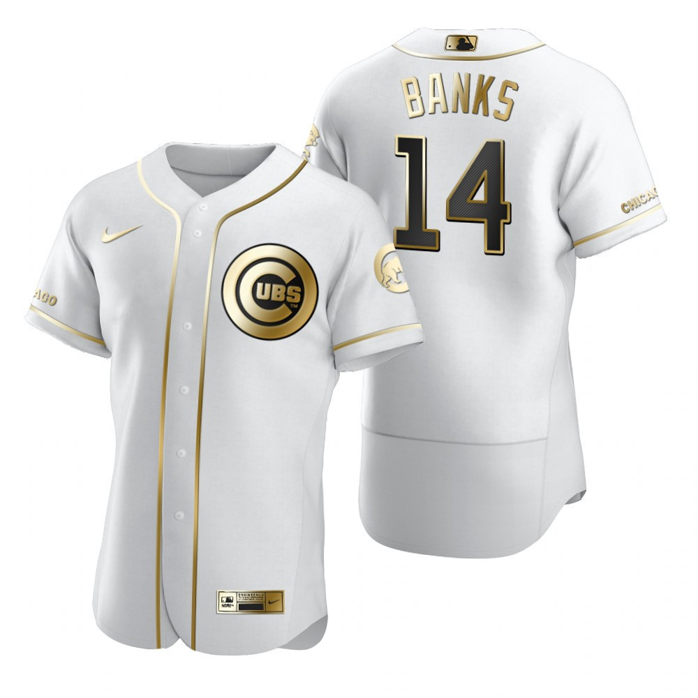 Chicago Cubs #14 Ernie Banks MLB Golden Brandedition White Jersey Gift For Cubs Fans