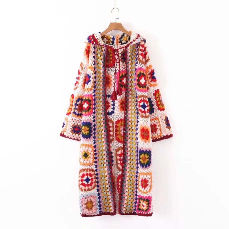 Xitimeao Women Hand Made Crochet Hooded Long Sweater Coat Women Cardigan Vintage Long Sleeve Female Outerwear Chic Tops alx