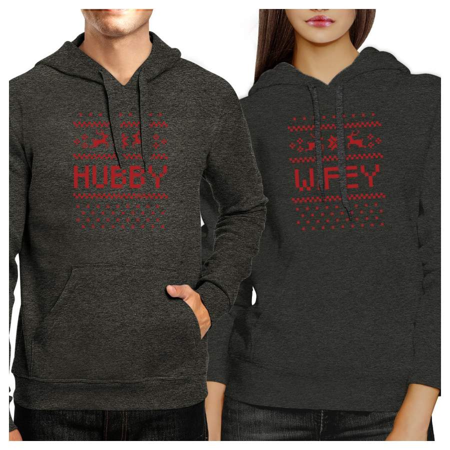 Pixel Nordic Hubby And Wifey Matching Couple Dark Grey Hoodie