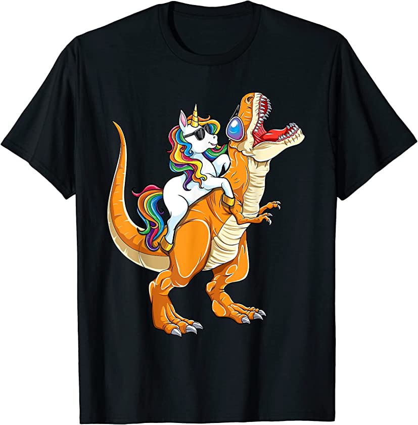 Unicorn Riding T rex Funny Dinosaur Boys Girls Kids T-Shirt