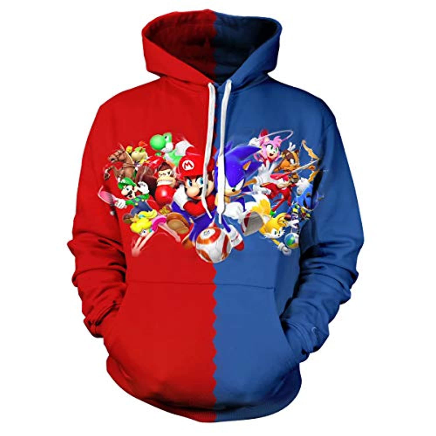 Cartoon Games Sonic Hoodie – Super Mario and Sonic the Hedgehog Red and Blue 3D Print Pullover Hooded Sweatshirt