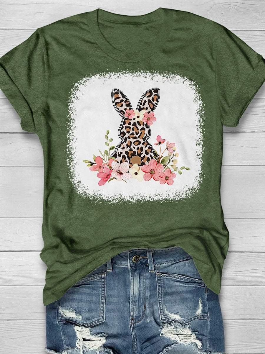 Leopard Floral Bunny Easter Print Short Sleeve T-Shirt