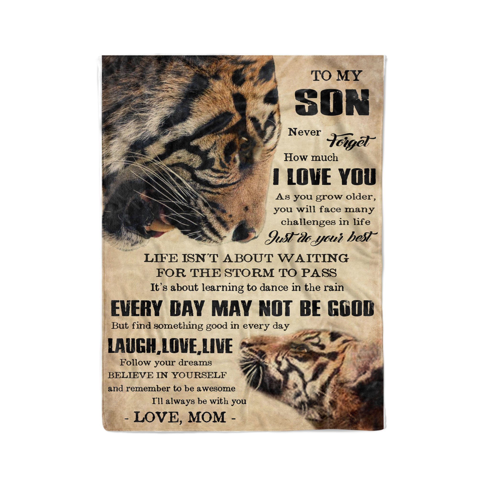 Fleece Tiger  Blanket mom to son never forget how much i love you