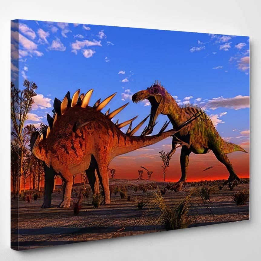 Scene Hunt Dinosaur On Background Sundown – Dinosaur Animals Canvas Print