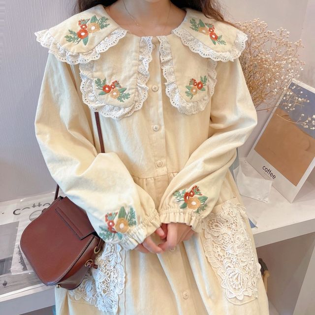 Women Corduroy Spring Autumn Lace Sweet Cute Dresses Long Sleeve Dress Button Preppy Style Kawaii Chic Ins Fashion Clothing alx