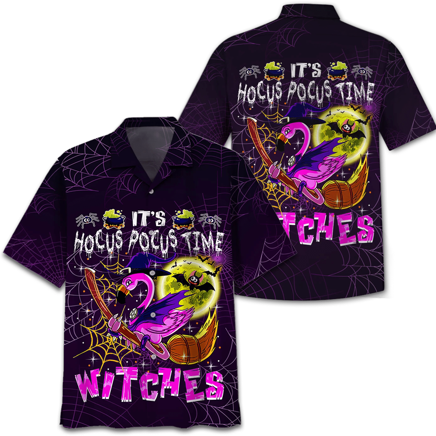 Flamingo Witch Hocus Pocus Time Witches Print Short Sleeve Hawaii Casual Shirt Ha39118