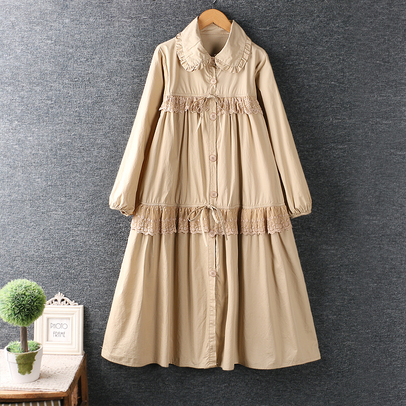 2021 Japan Style Mori Girl Cute Long Sleeve Dress Loose Peter Pan Collar Lace Cotton Casual Women Dress Autumn alx