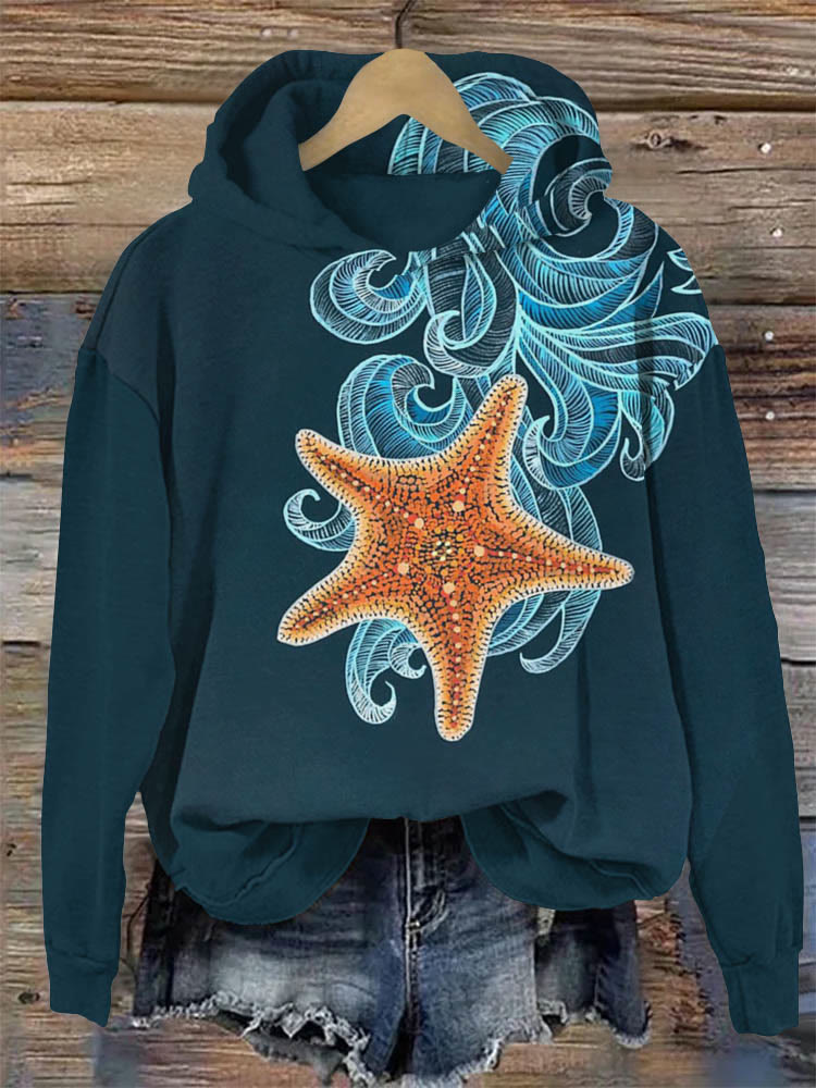 Starfish Japanese Wave Print Hoodie