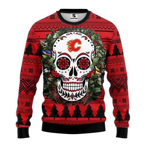 Calgary Flames Skull Flower Christmas Gift For Fan Ugly Wool Sweater Christmas