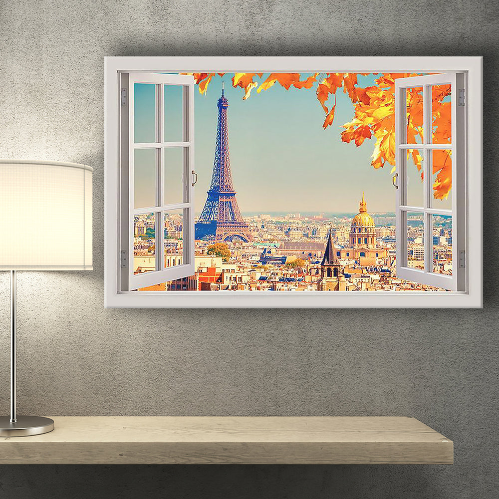 Paris Sunshine Eiffel Tower 3D Window Bay View Canvas Print – Canvas Painting, Canvas Art, Wall Art, Wall Decor