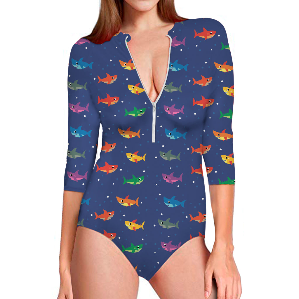 Colorful Baby Sharks Pattern Print Long Sleeve One Piece Swimsuit