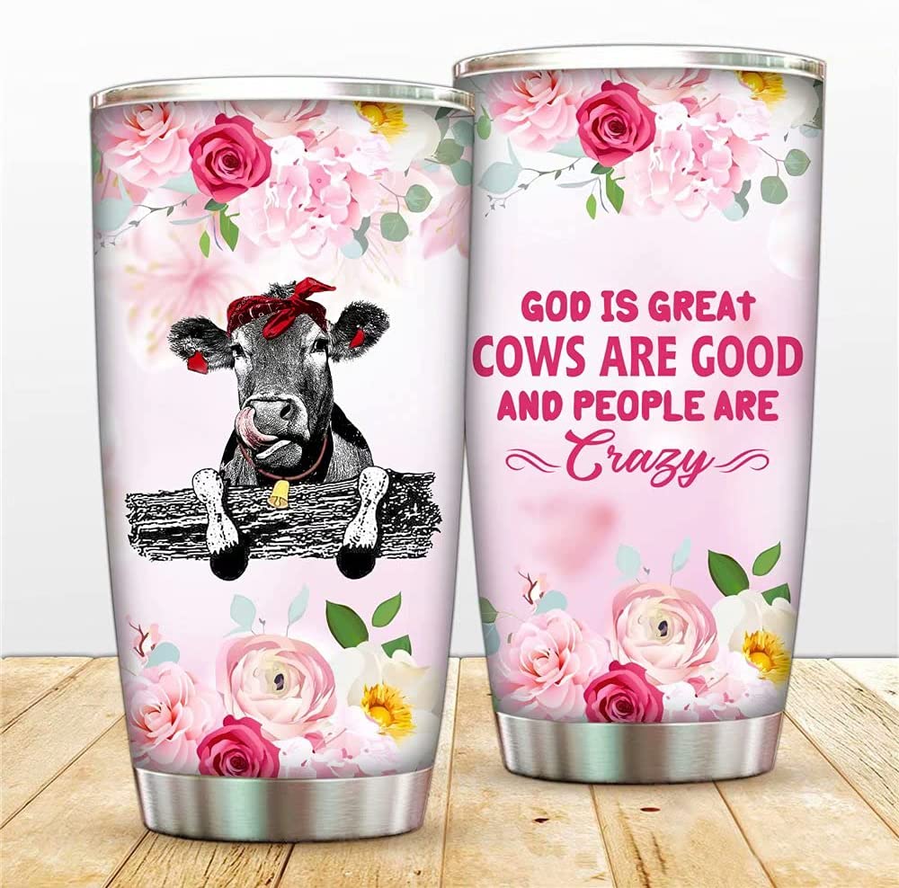 God Is Great Gows Are Good And People Are Crazy Tumbler Cup With Lip And Straw Floral Cow Coffee Mugs For Daughter,Daughter In Law,Farm Animal Heifer 20 Oz Vacuum Insulated Wine Tumbler Bottle