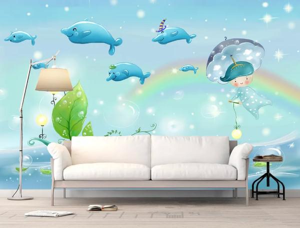 3D Cartoon Dolphin Rainbow Wall Mural Wallpaper 208