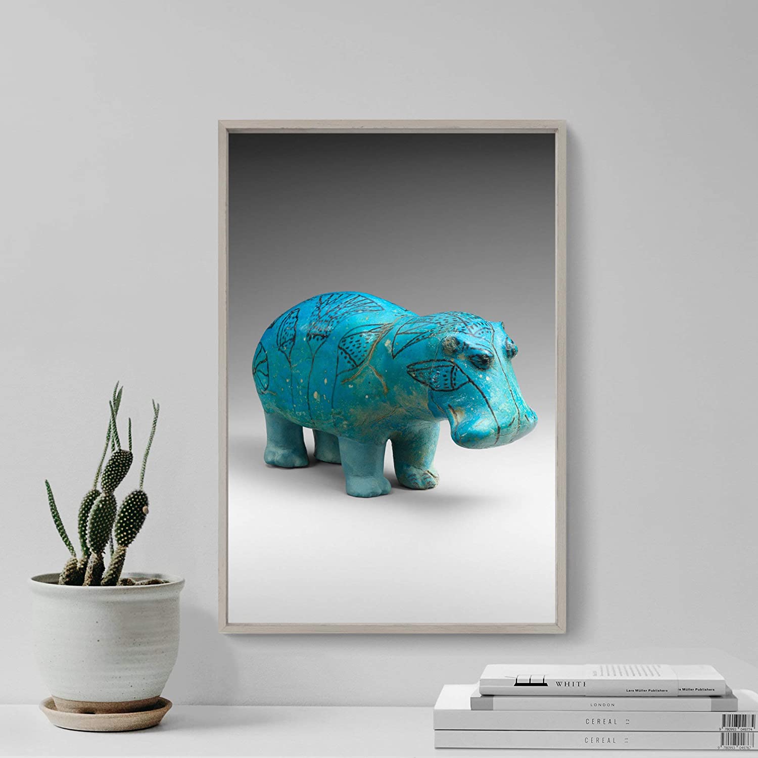 Art Paintings For Wall For Living Room William The Hippo  – Art Print Painting Poster Gift Photo Wall Home Decor – Faience Hippopotamus Statue Turquoise Figure