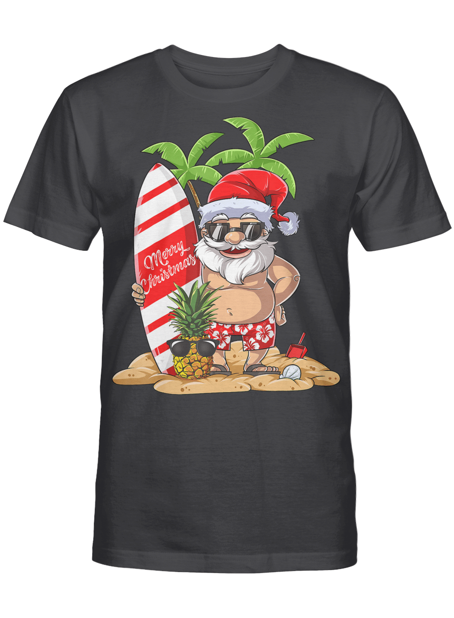 AmazeStyleZ Santa’s Reindeer, Ugly Christmas Sweater, Christmas Gift Ideas, Christmas in July Santa Hawaiian Surfing Gifts Summer Surf T-Shirt