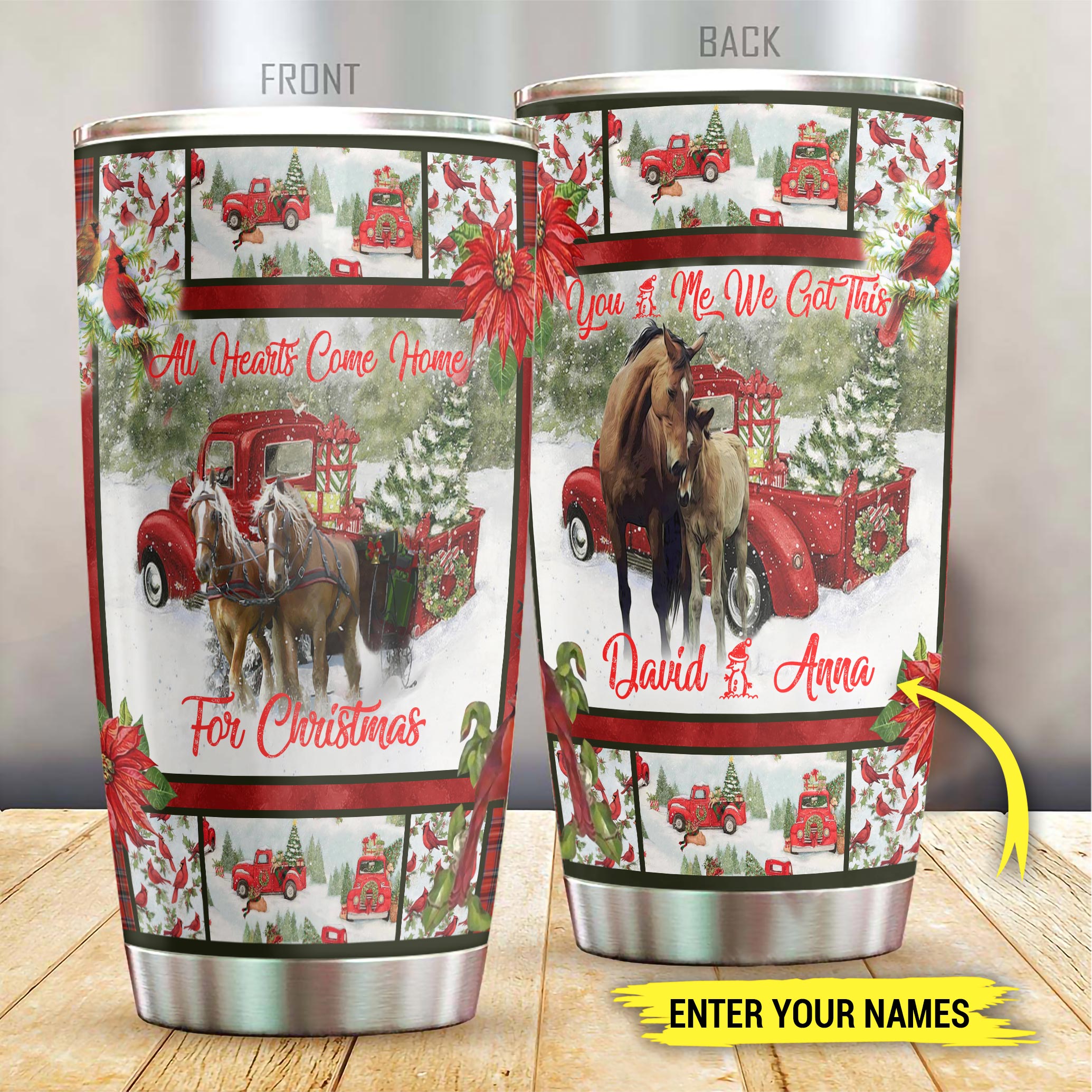 Xmas x Horse Tumbler Customized Name All Hearts Come Home For Christmas