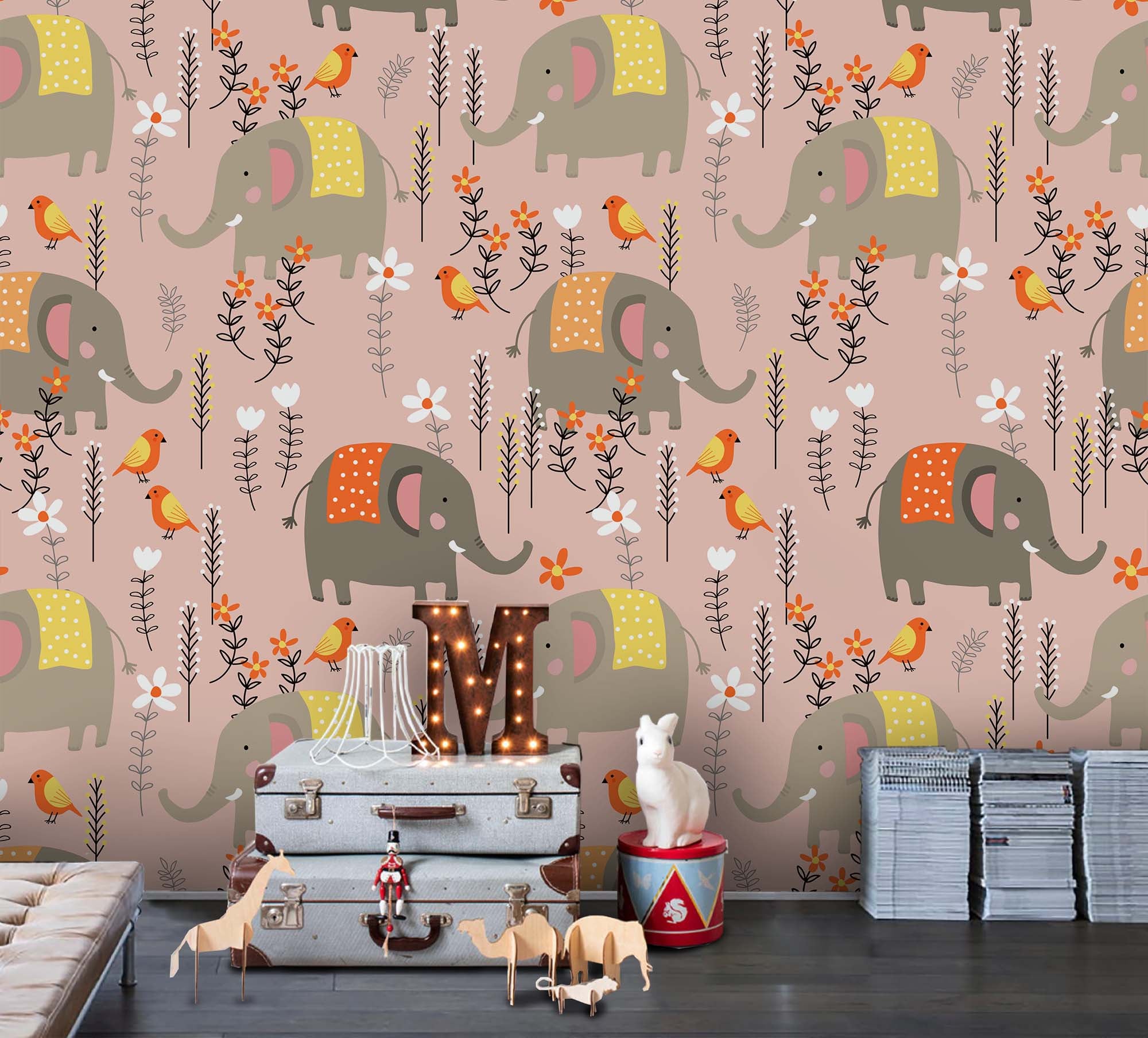 3D Cartoon Elephant Pink Wall Mural Wallpaper A199 Lqh