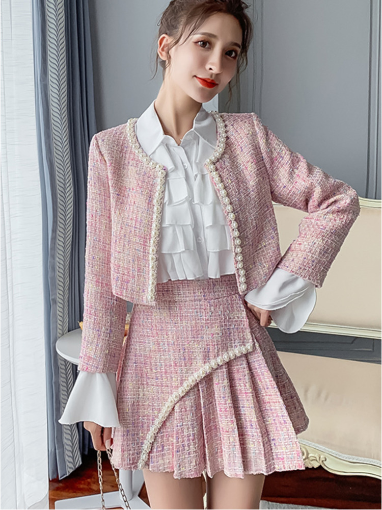 2022 Autumn Winter New Women Tweed 3 Piece Set Beading Short Coat + Pleated High Waist Pleated Skirt + Chiffon Shirts Outfits alx