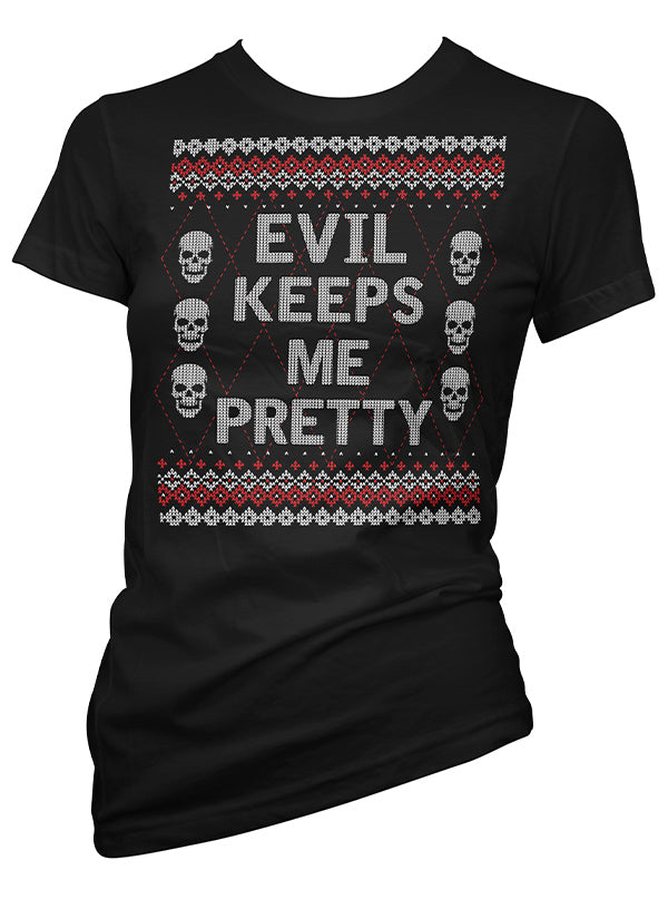 Women’S Evil Keeps Me Pretty Ugly Christmas Sweater Tee By Pinky Star