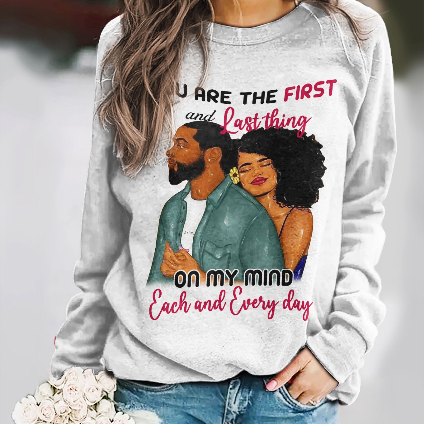 Black Couple Unisex All Over Print Cotton Sweatshirt, You Are The First And Last Thing On My Mind Each And Everyday Sweatshirt