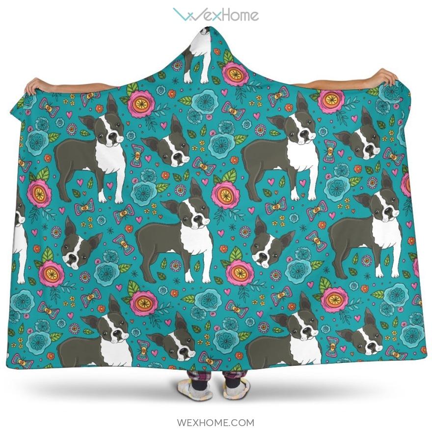 Boston Terrier Beautiful Flower Pattern Hooded Blanket