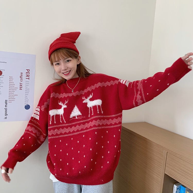 Woman Sweaters Pull Hiver Autumn and Winter Loose Thickened Christmas Deer Sweater Women’s Pullover Femme Chandails alx