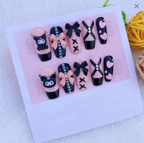 Black and Pink Kuromi Press On Nails/Black Anime Kawaii Fake Nails/Y2k nails/Japanese Cute Nails/ Reusable Fake Nails/Pink Kawaii Nails #245