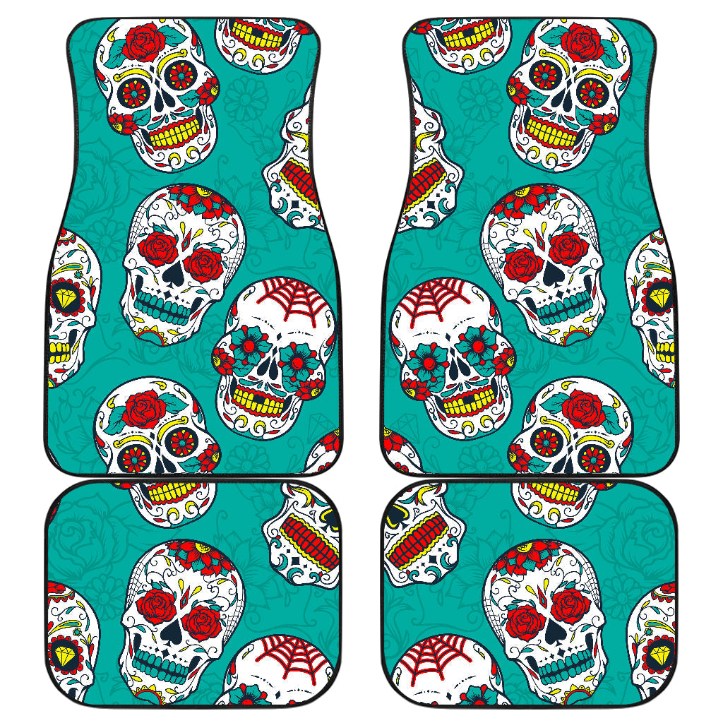 Teal Sugar Skull Pattern Print Front And Back Car Floor Mats, Front Car Mat