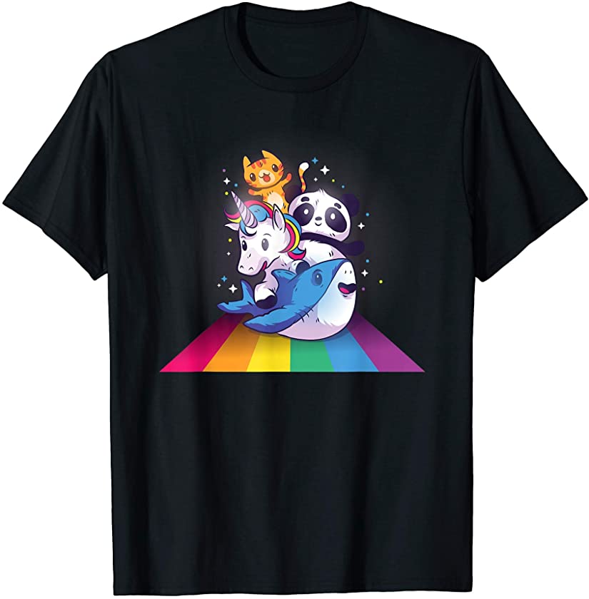 Cute Unicorn, Panda, Whale & cat riding a Rainbow T-Shirt